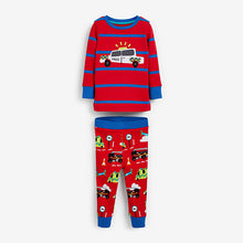 Load image into Gallery viewer, Blue/Red Stripe Vehicules Snuggle Pyjamas 3 Pack (9mths-6yrs)
