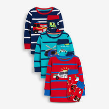 Load image into Gallery viewer, Blue/Red Stripe Vehicules Snuggle Pyjamas 3 Pack (9mths-6yrs)