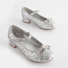 Load image into Gallery viewer, Silver Glitter Bow Mary Jane Occasion Heel Shoes