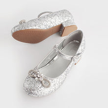 Load image into Gallery viewer, Silver Glitter Bow Mary Jane Occasion Heel Shoes