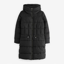 Load image into Gallery viewer, Black Shower Resistant Padded Puffer Hooded Mid Length Coat
