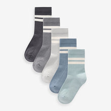 Load image into Gallery viewer, Mineral Blue/Grey Cushioned Footbed Cotton Rich Ribbed Tipped Socks 5 Pack