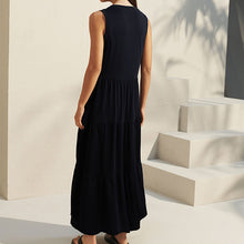 Load image into Gallery viewer, Black Sleeveless 100% Cotton Crew Neck Tiered Summer Maxi Jersey Dress