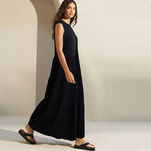 Load image into Gallery viewer, Black Sleeveless 100% Cotton Crew Neck Tiered Summer Maxi Jersey Dress