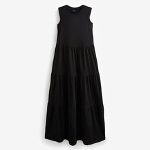 Load image into Gallery viewer, Black Sleeveless 100% Cotton Crew Neck Tiered Summer Maxi Jersey Dress