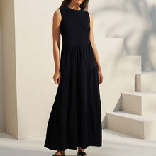 Load image into Gallery viewer, Black Sleeveless 100% Cotton Crew Neck Tiered Summer Maxi Jersey Dress