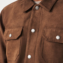 Load image into Gallery viewer, Brown Faux Suede Collared Trucker Jacket