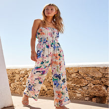 Load image into Gallery viewer, White Bright Floral Multiway Halter-Tie Bandeau Wide Leg Jumpsuit
