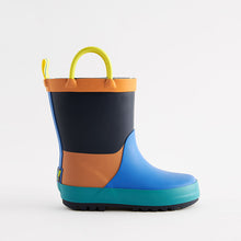 Load image into Gallery viewer, Blue/Orange Colourblock Handle Pull-On Wellies
