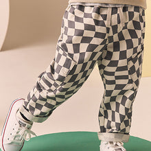 Load image into Gallery viewer, Grey/White Checkerboard Side Pocket 100% Cotton Pull On Trousers (3mths-6yrs)