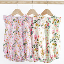 Load image into Gallery viewer, Lilac Purple/Sage Green Floral Baby Bloomer Rompers 3 Pack
