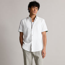 Load image into Gallery viewer, White Regular Fit Trimmed Linen Blend Short Sleeve Shirt