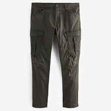 Load image into Gallery viewer, Dark Khaki Green Slim Fit Zip Detail Stretch Cargo Trousers