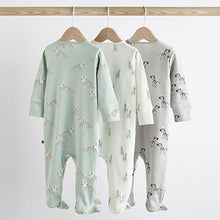 Load image into Gallery viewer, Green/Grey Baby Two Way Zip 100% Cotton Sleepsuits 3 Pack