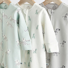 Load image into Gallery viewer, Green/Grey Baby Two Way Zip 100% Cotton Sleepsuits 3 Pack