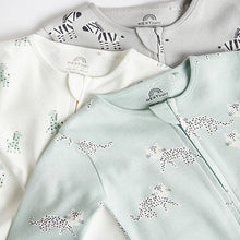 Load image into Gallery viewer, Green/Grey Baby Two Way Zip 100% Cotton Sleepsuits 3 Pack