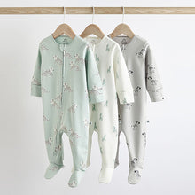 Load image into Gallery viewer, Green/Grey Baby Two Way Zip 100% Cotton Sleepsuits 3 Pack