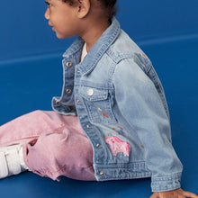 Load image into Gallery viewer, Mid Blue 100% Cotton Denim Embroidered Unicorn Jacket (3mths-5-6yrs)