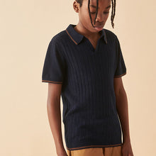 Load image into Gallery viewer, Navy Polo Short Sleeve Trophy Neck 100% Cotton Jumper