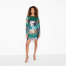 Load image into Gallery viewer, Aqua Blue Long Sleeve Sequin Mini Dress