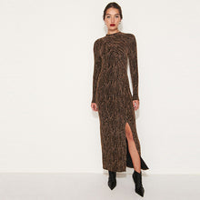 Load image into Gallery viewer, Gold Sparkle Long Sleeved Ruched Midi Dress