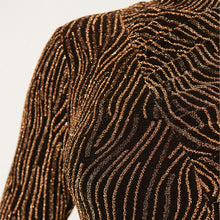 Load image into Gallery viewer, Gold Sparkle Long Sleeved Ruched Midi Dress