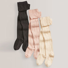 Load image into Gallery viewer, Charcoal Grey/Pink/Cream 3 Pack Cotton Rich Cable Tights (0mth-12yrs)