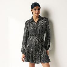 Load image into Gallery viewer, Black Moon Print Mini Tie Belt Shirt Dress