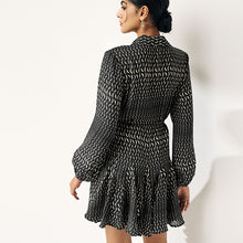 Load image into Gallery viewer, Black Moon Print Mini Tie Belt Shirt Dress