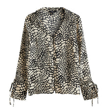 Load image into Gallery viewer, Monochrome Print Tie Sleeve Textured Collared V-Neck Blouse