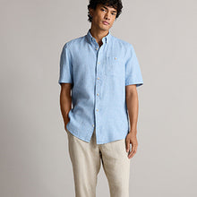 Load image into Gallery viewer, Blue Standard Collar Linen Blend Short Sleeve 100% Cotton Shirt