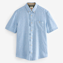 Load image into Gallery viewer, Blue Standard Collar Linen Blend Short Sleeve 100% Cotton Shirt