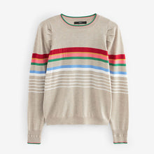 Load image into Gallery viewer, Neutral with Rainbow Stripe Crew Neck Long Sleeve Pattern Knitted Jumper