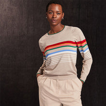 Load image into Gallery viewer, Neutral with Rainbow Stripe Crew Neck Long Sleeve Pattern Knitted Jumper