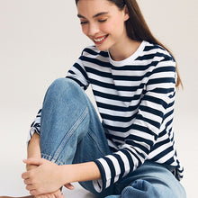 Load image into Gallery viewer, Navy/White Heavyweight Long Sleeve 100% Cotton T-Shirt