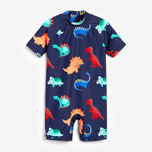 Load image into Gallery viewer, Navy Dino Sunsafe Swimsuit (3mths-5yrs)
