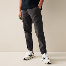 Load image into Gallery viewer, Black Regular Tapered Fit Stretch Utility Cargo Trousers