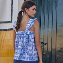 Load image into Gallery viewer, Blue/White Broderie Frill Sleeve Embroidered Cami Top