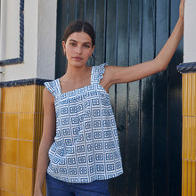 Load image into Gallery viewer, Blue/White Broderie Frill Sleeve Embroidered Cami Top