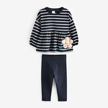 Load image into Gallery viewer, Navy Stripe Peplum 100% Cotton Top and Leggings Set (3mths-6yrs)