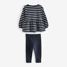 Load image into Gallery viewer, Navy Stripe Peplum 100% Cotton Top and Leggings Set (3mths-6yrs)