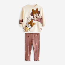 Load image into Gallery viewer, Ecru White Disney Minnie Mouse And Daisy Sequin Long Sleeve 100% Cotton T-Shirt And Leggings Set (9mths-6yrs)