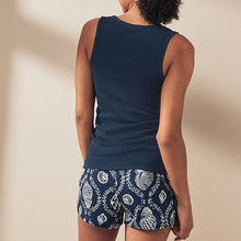 Load image into Gallery viewer, Navy Shells Rib Vest Short 100% Cotton Pyjamas Set
