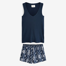Load image into Gallery viewer, Navy Shells Rib Vest Short 100% Cotton Pyjamas Set