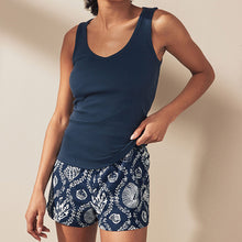 Load image into Gallery viewer, Navy Shells Rib Vest Short 100% Cotton Pyjamas Set