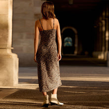 Load image into Gallery viewer, Brown Leopard Print Satin Cami Midi Slip Dress