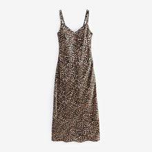 Load image into Gallery viewer, Brown Leopard Print Satin Cami Midi Slip Dress