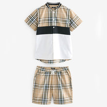 Load image into Gallery viewer, Tan/Ecru colour block Short Sleeves Colourblock Shirt and Shorts Set