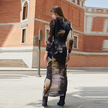 Load image into Gallery viewer, Blue Floral Long Sleeve Mesh Midi Dress