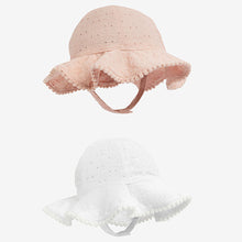 Load image into Gallery viewer, White/Pink Baby Broderie Wide Brim Hats 2 Pack